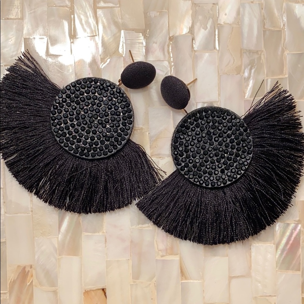 Post Drop Crystal Center Black Fan Fringe Earrings - Picture 7 of 9